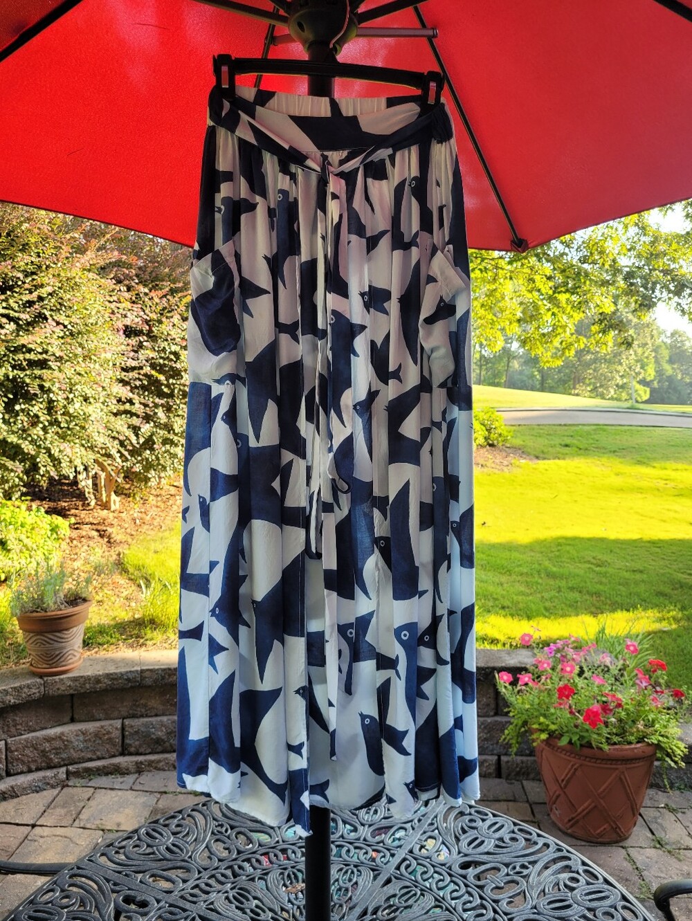 Mara Hoffman Swim Collection Navy/ White Abstract Bird Print Midi/Maxi  Skirt